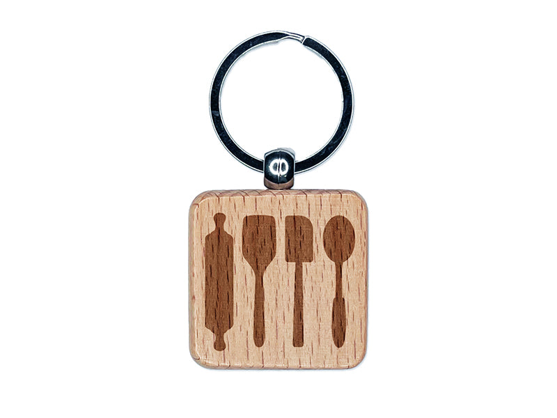 Kitchen Utensils Baking Cooking Engraved Wood Square Keychain Tag Charm