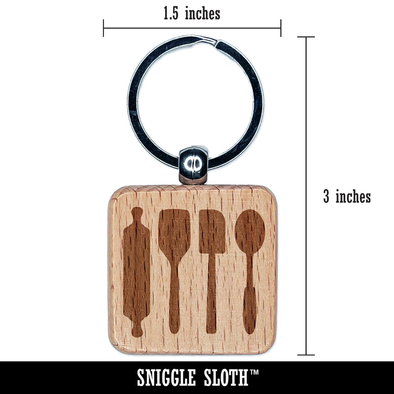 Kitchen Utensils Baking Cooking Engraved Wood Square Keychain Tag Charm