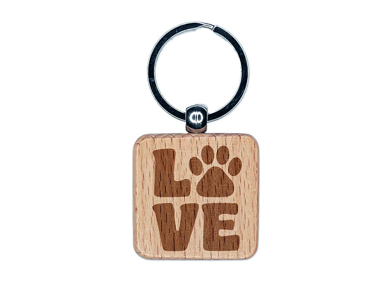 Love Stacked Paw Print Engraved Wood Square Keychain Tag Charm