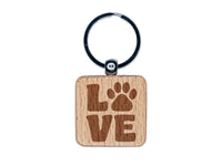 Love Stacked Paw Print Engraved Wood Square Keychain Tag Charm