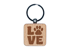 Love Stacked Paw Print Engraved Wood Square Keychain Tag Charm