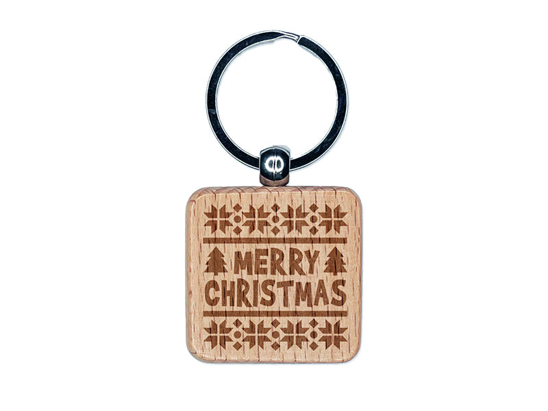 Merry Christmas Sweater Style Engraved Wood Square Keychain Tag Charm