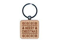 Merry Christmas Sweater Style Engraved Wood Square Keychain Tag Charm