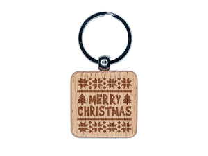 Merry Christmas Sweater Style Engraved Wood Square Keychain Tag Charm