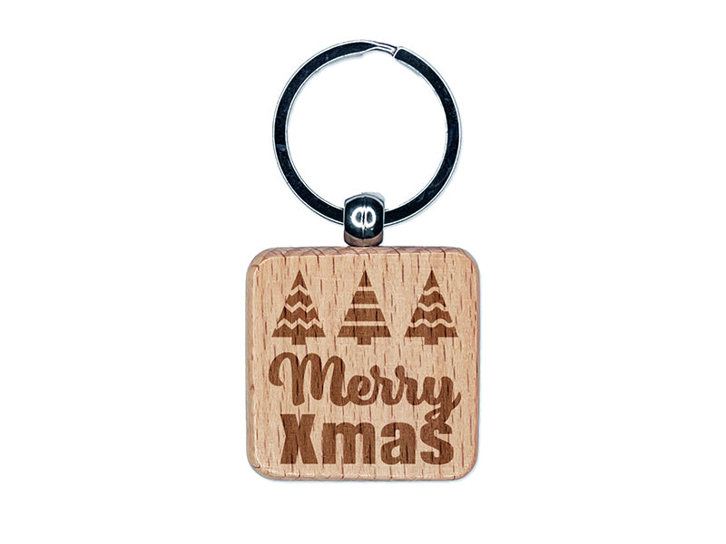 Merry Xmas Christmas Trees Engraved Wood Square Keychain Tag Charm