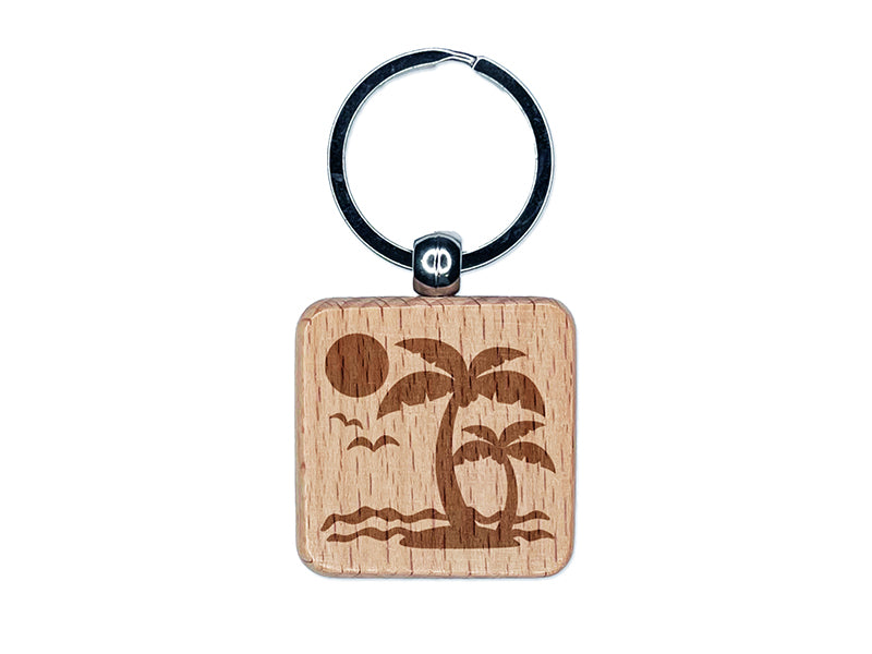 Palm Tree Tropical Island Sun Waves Engraved Wood Square Keychain Tag Charm