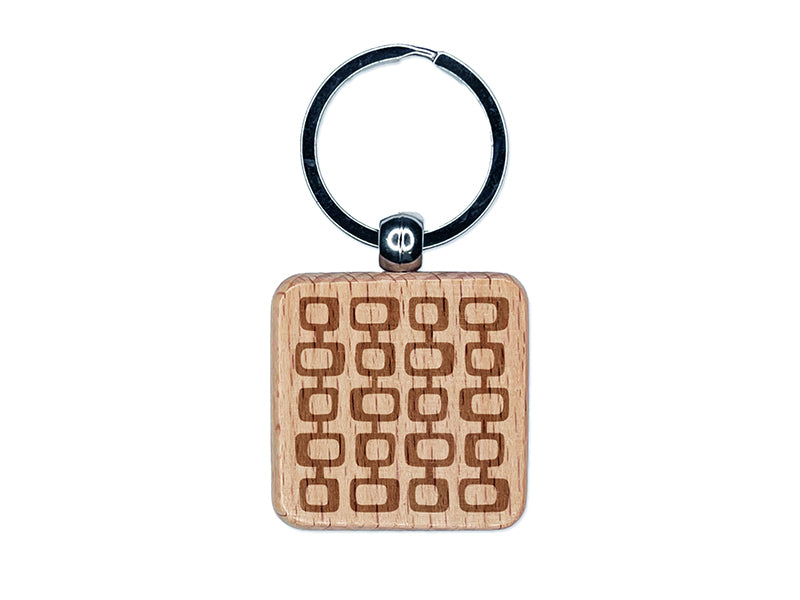 Retro Mid Century Square Pattern Engraved Wood Square Keychain Tag Charm