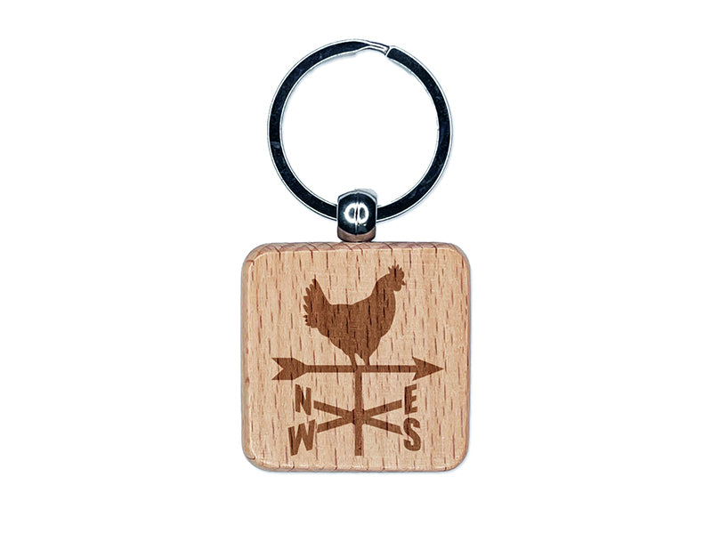 Rooster Weathervane North South West East Engraved Wood Square Keychain Tag Charm