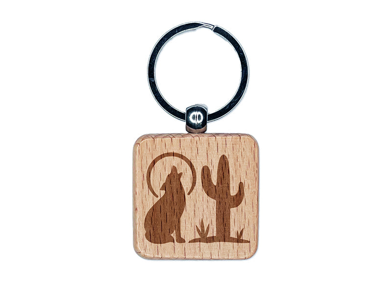 Southwest Coyote Cactus Moon Engraved Wood Square Keychain Tag Charm