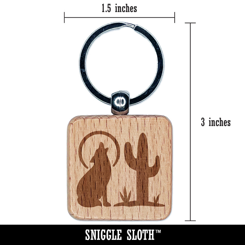 Southwest Coyote Cactus Moon Engraved Wood Square Keychain Tag Charm