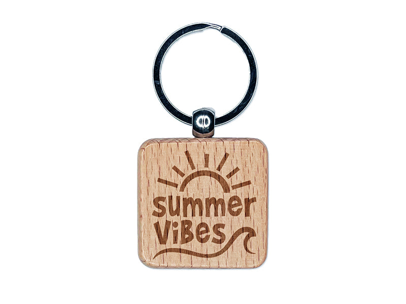 Summer Vibes Engraved Wood Square Keychain Tag Charm
