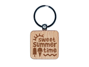 Sweet Summer Time Engraved Wood Square Keychain Tag Charm