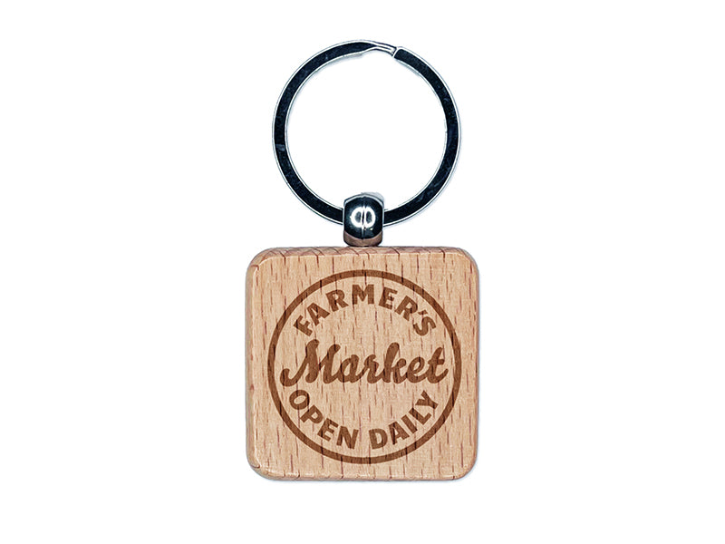 Farmer's Market Open Daily Engraved Wood Square Keychain Tag Charm