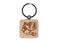 Jumping Largemouth Bass Fish Engraved Wood Square Keychain Tag Charm