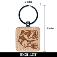 Jumping Largemouth Bass Fish Engraved Wood Square Keychain Tag Charm