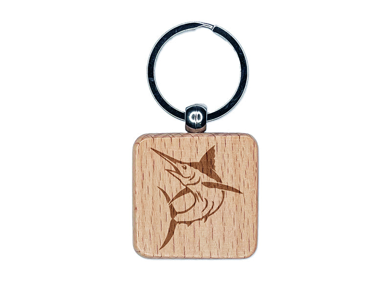 Jumping Marlin Fish Engraved Wood Square Keychain Tag Charm