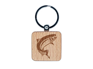 Jumping Rainbow Trout Fish Engraved Wood Square Keychain Tag Charm