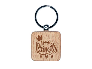 Little Princess Cursive with Crown and Hearts Engraved Wood Square Keychain Tag Charm