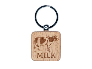 Milk Text with Spotted Cow Farm Dairy Engraved Wood Square Keychain Tag Charm