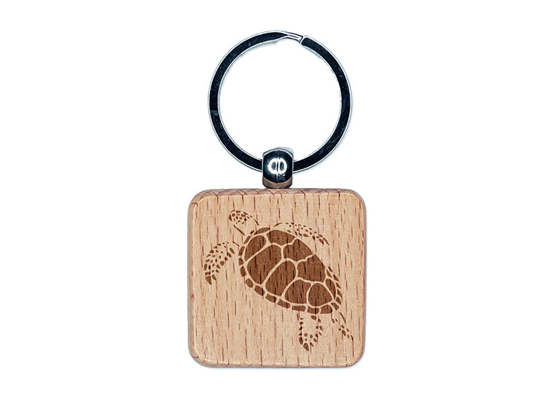 Swimming Sea Turtle Engraved Wood Square Keychain Tag Charm