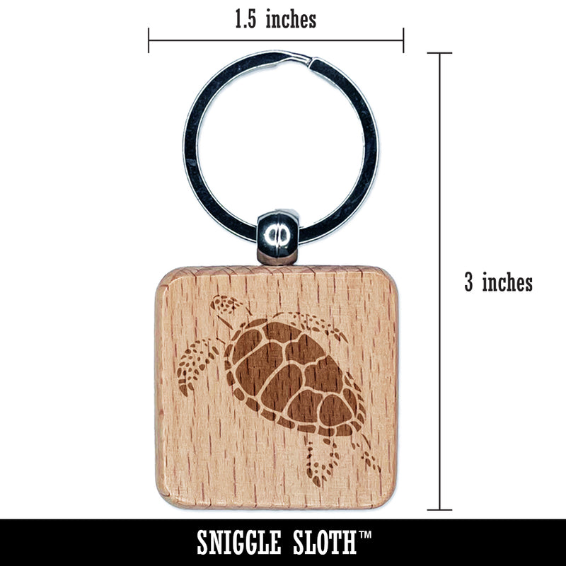 Swimming Sea Turtle Engraved Wood Square Keychain Tag Charm