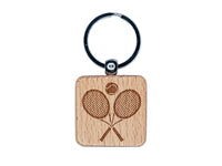 Tennis Rackets Crossed Ball Racquet Sports Engraved Wood Square Keychain Tag Charm