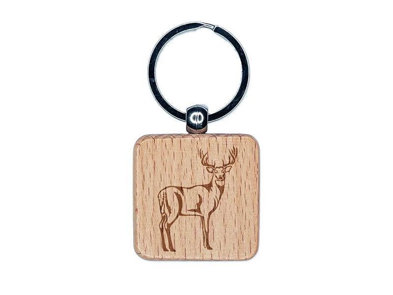 White-Tailed Deer Buck Hunting Forest Animal Engraved Wood Square Keychain Tag Charm