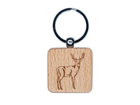 White-Tailed Deer Buck Hunting Forest Animal Engraved Wood Square Keychain Tag Charm