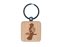 Bird Sitting on a Branch Heart and Scallop Details Engraved Wood Square Keychain Tag Charm