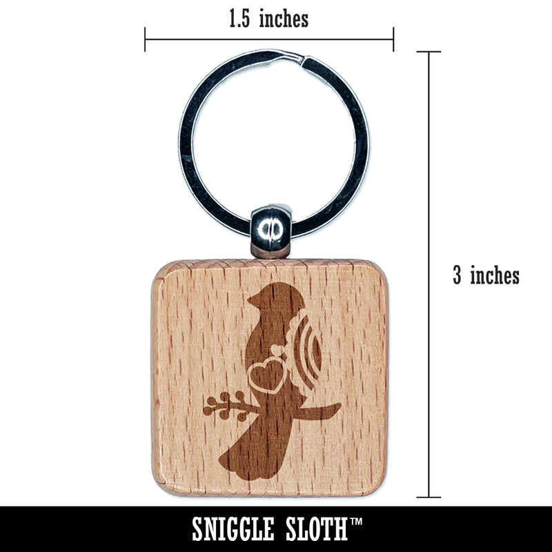 Bird Sitting on a Branch Heart and Scallop Details Engraved Wood Square Keychain Tag Charm