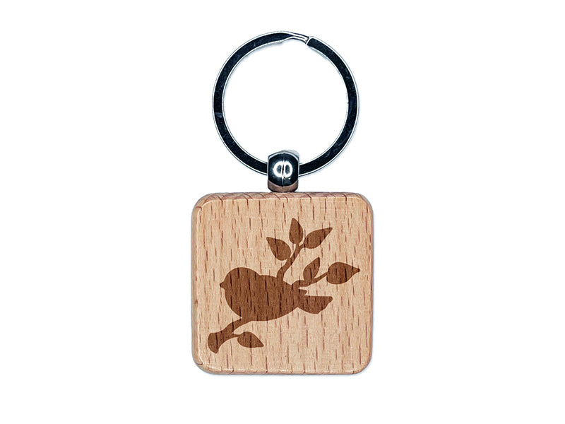 Bird Sitting on a Tree Branch Engraved Wood Square Keychain Tag Charm