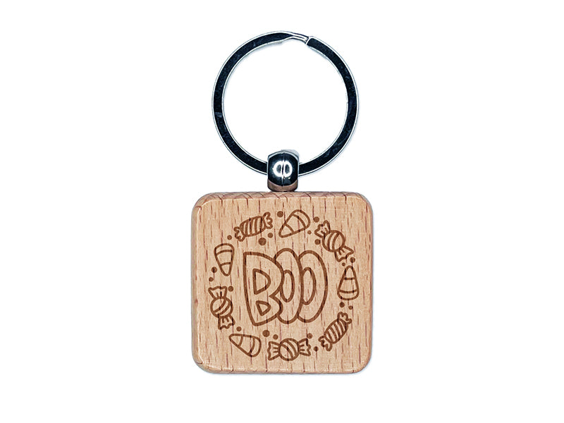 Boo Halloween Candy Engraved Wood Square Keychain Tag Charm