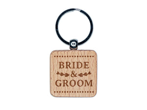 Bride & Groom Heart Leaf Details Engraved Wood Square Keychain Tag Charm