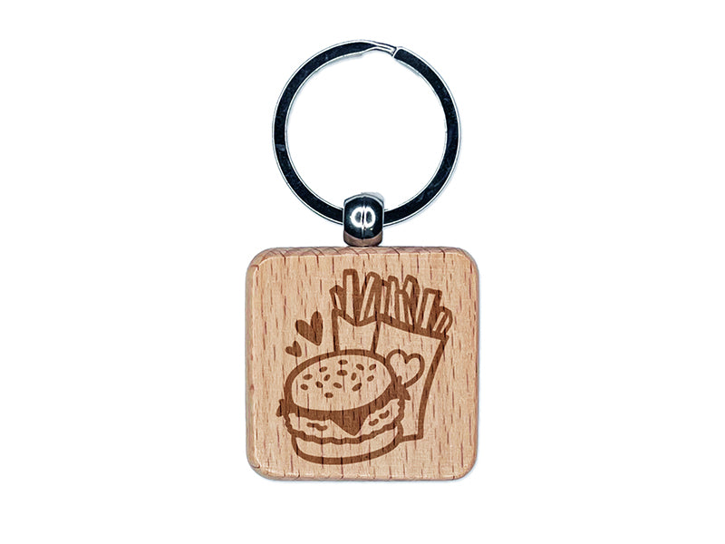 Chicken Burger and Fries Fast Food Engraved Wood Square Keychain Tag Charm