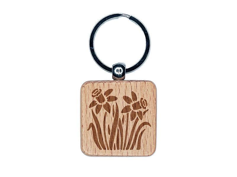 Daffodil Flowers Engraved Wood Square Keychain Tag Charm