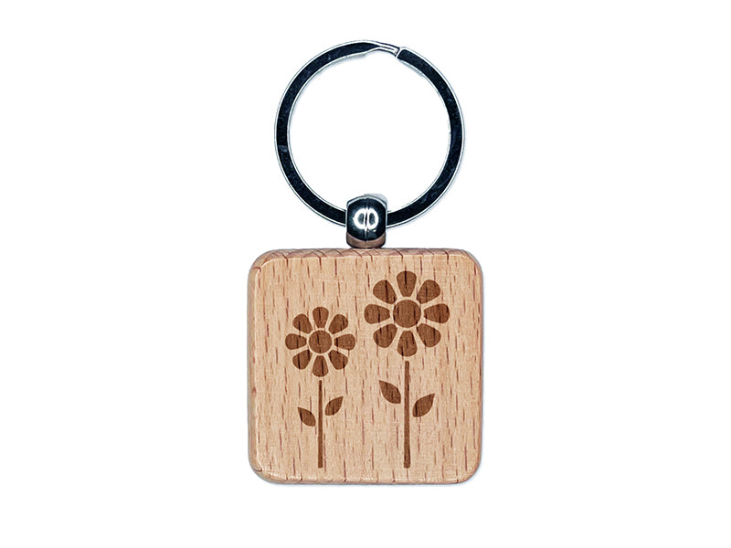 Daisy Flower Pair Engraved Wood Square Keychain Tag Charm