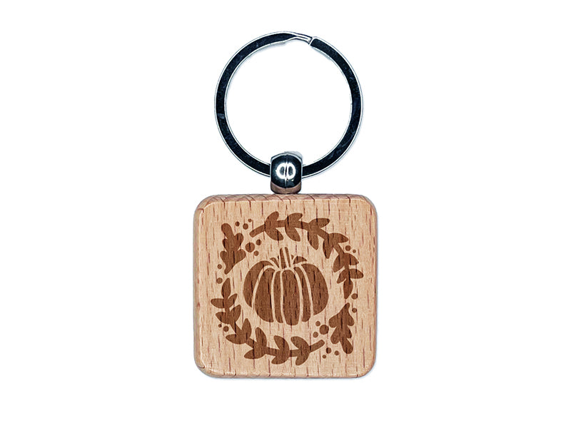 Fall Autumn Pumpkin in Wreath Engraved Wood Square Keychain Tag Charm