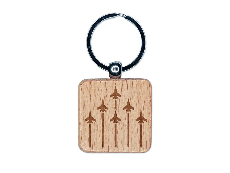 Fighter Jet Formation Engraved Wood Square Keychain Tag Charm