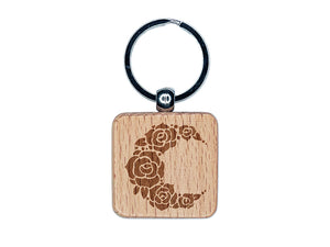 Floral Moon Roses Engraved Wood Square Keychain Tag Charm