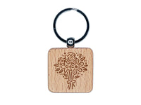 Flower Bouquet Engraved Wood Square Keychain Tag Charm