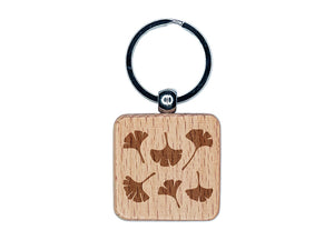 Gingko Leaves Engraved Wood Square Keychain Tag Charm
