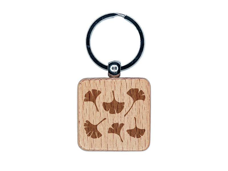 Gingko Leaves Engraved Wood Square Keychain Tag Charm