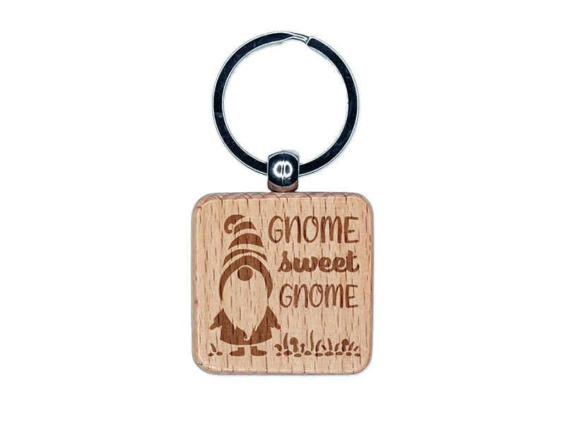 Gnome Sweet Gnome Home Striped Hat Engraved Wood Square Keychain Tag Charm