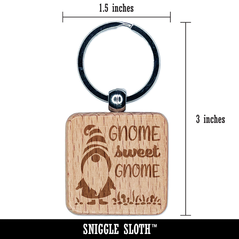 Gnome Sweet Gnome Home Striped Hat Engraved Wood Square Keychain Tag Charm