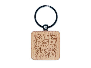 Graduation Caps Repeating Pattern Engraved Wood Square Keychain Tag Charm