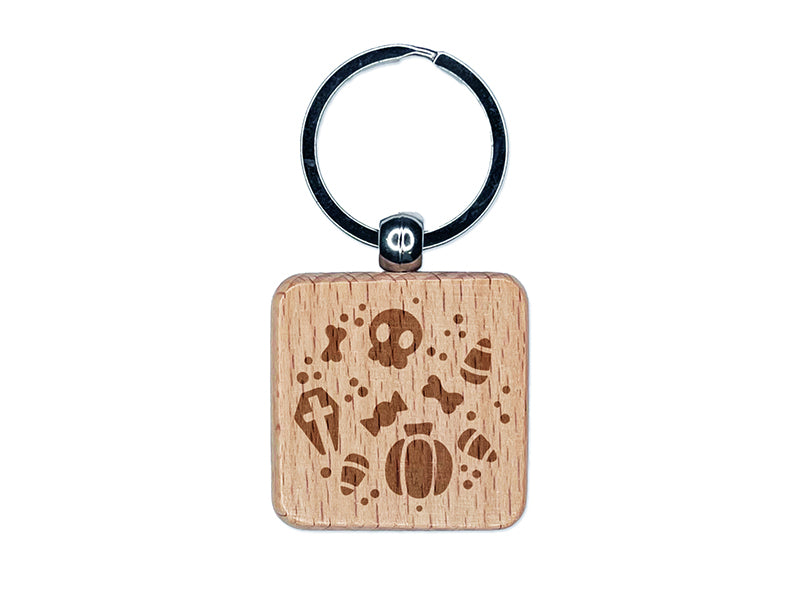 Halloween Elements Skull Pumpkin Candy Corn Grave Engraved Wood Square Keychain Tag Charm