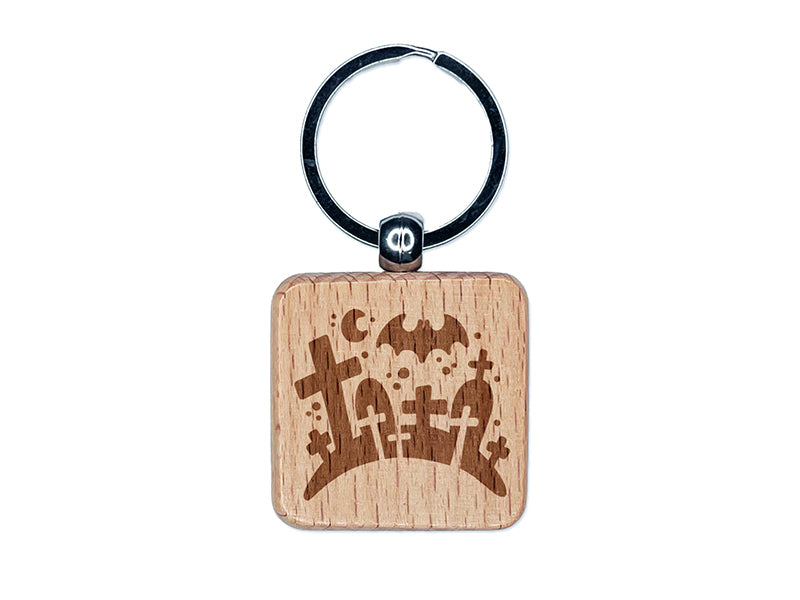 Halloween Graveyard Cemetery Tombstones Engraved Wood Square Keychain Tag Charm