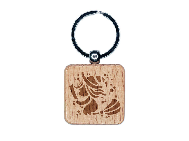 Halloween Witch on Broomstick Engraved Wood Square Keychain Tag Charm