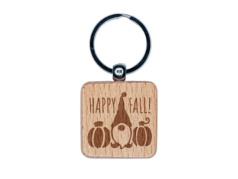 Happy Fall Pumpkin Gnome Engraved Wood Square Keychain Tag Charm