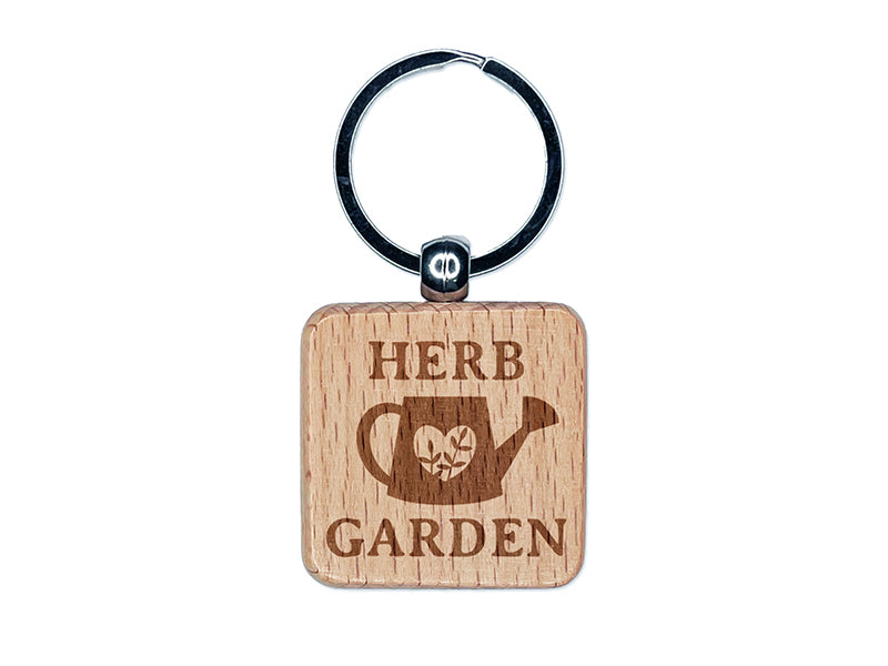 Herb Garden Watering Can Engraved Wood Square Keychain Tag Charm
